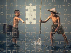 Xogo Children Fishing Teamwork Jigsaw en liña